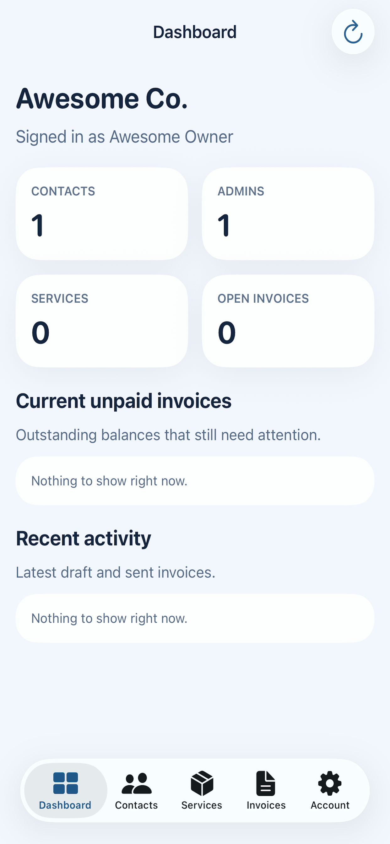 BizBilling account dashboard screenshot