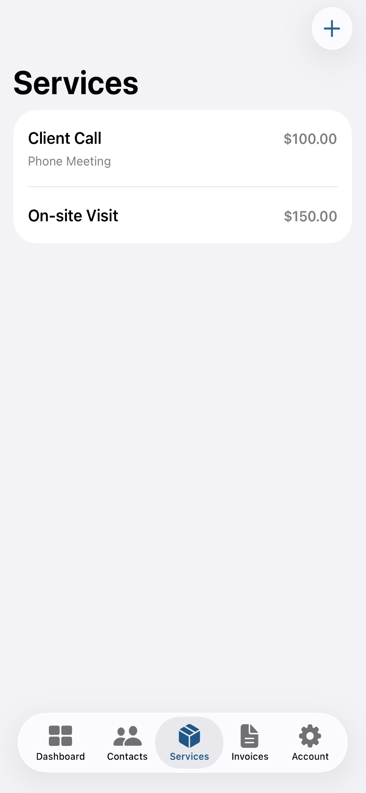 BizBilling services dashboard screenshot