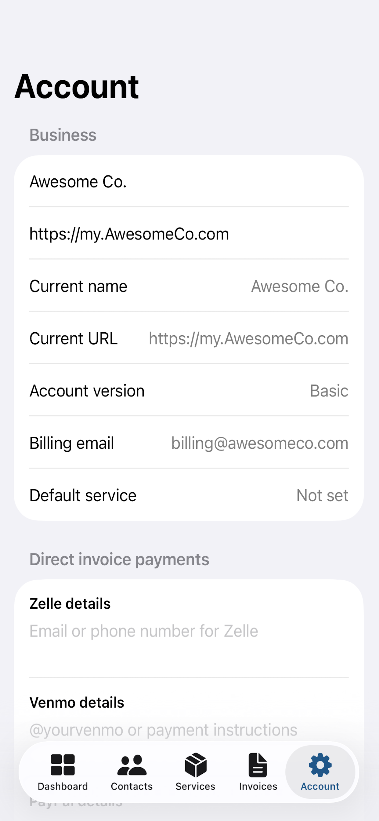 BizBilling account profile settings screenshot